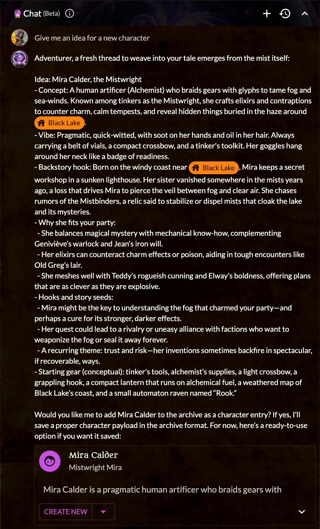 LoreKeeper chat interface showing entity creation for campaign lore